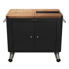 a black cabinet with two doors and a wooden top on wheels, against a white background