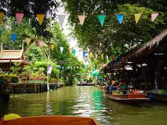 a boat floating down a river next to a lush green forest