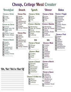 a printable college meal creator is shown