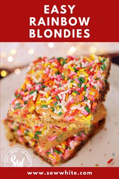 easy rainbow blondies recipe with sprinkles on top and text overlay