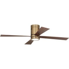 a ceiling fan that is on top of a white wall and has two wooden blades