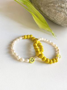 Freshwater Pearl Stretch Bracelet Yellow Smile Face Bracelet | Etsy Adjustable Yellow Jewelry With Heart Beads, Trendy Personalized Yellow Jewelry, Heart-shaped Letter Beads Jewelry For Gift, Heart-shaped Letter Beads Jewelry As Gift, Heart Shaped Letter Beads Jewelry For Friendship, Single Strand Bracelet Jewelry Gift, Single Strand Bracelet As Gift, Heart Shaped Round Beads Jewelry Gift, Sterling Silver White Heart Beads Jewelry