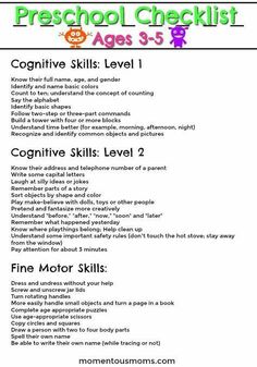 the printable worksheet for preschool checklist ages 3 - 5 is shown