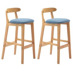 two wooden barstools with blue upholstered seat cushions on each one side