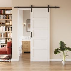 an open door leading to a living room with bookshelves and a plant in the corner