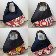 four pictures of the same purse with different colors and designs on it, one has a zippered closure