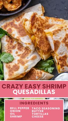 some quesadillas are stacked on top of each other with sauce and cilantro