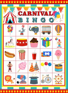 the carnival bingo game is shown in red, white and blue with circus themed items