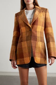 Designer Plaid Outerwear For Work, Designer Plaid Outerwear For Office, Designer Brown Wool Blazer, Classic Orange Blazer For Work, Classic Orange Blazer For Workwear, Designer Fall Blazer With Welt Pockets, Designer Wool Tweed Jacket For Fall, Formal Orange Blazer For Fall, Plaid Notch Lapel Sport Coat For Fall