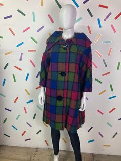 "Colour: Pink / Green /  Multi Style: 80s coat Brand: No branidng  Measurements: Bust: 44\" Waist:  48\" Hips: 54\" Length: 37\" Material: 100% Wool Condition: This is in great vintage condition.  Other: This is an amazing check coat. Confident it was made in the 80s but in the style of a 60s pea coat. No labels but it does have a 'Made in America' tab." Retro Multicolor Wool Outerwear, Retro Plaid Outerwear With Button Closure, Vintage Plaid Outerwear For Spring, Vintage Multicolor Wool Outerwear, Multicolor Vintage Wool Outerwear, Retro Single Breasted Plaid Outerwear, Retro Wool Plaid Outerwear, Made In The 80s, Check Coat