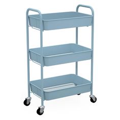 a blue plastic utility cart with three shelves