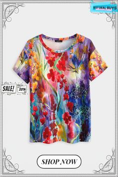 Vacation Casual Floral Pattern Crew Neck T-shirt Multicolor Tops With All Over Print For Summer, Multicolor Print Summer Tops, Multicolor Print Tops With All Over Print For Summer, Summer Multicolor Print Tops With All Over Print, Casual Multicolor Print T-shirt For Spring, Multicolor Floral Print Crew Neck Top, Multicolor Print Short Sleeve T-shirt For Spring, Multicolor Printed T-shirt For Summer, Multicolor Short Sleeve T-shirt For Spring