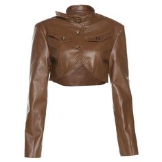 F00155148-102 Cropped Faux Leather Jacket, Short Leather Jacket, Hooded Denim Jacket, 파티 드레스, Leather Jacket Style, Pu Leather Jacket, Cropped Leather Jacket, Single Breasted Jacket, Brown Leather Jacket