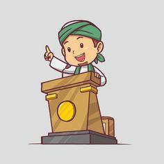 a cartoon character is giving a thumbs up while standing behind a podium with a gold coin on it