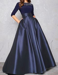 A-Line Jewel Neck Floor Length Satin Formal Evening Dress with Sash / Ribbon / Pleats by LAN TING Express Satin Sleeves, Blue Evening Gowns, Evening Gowns With Sleeves, Long Sleeve Evening Gowns, 파티 드레스, Evening Dresses Online, Chique Outfits, Cheap Evening Dresses, Evening Dresses With Sleeves