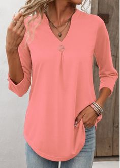 Color:Pink;Size:S;Size:M;Size:L;Size:XL;Size:XXL;Package Contents:1 X T Shirt;Occasion:Other;Style:Casual; Peach Top Outfits, Stylish Tops For Women, Peach Shirt, Boutique Style Outfits, Trendy Fashion Tops, Lovely Tops, Pink T Shirt, Long Dress Casual, Stylish Clothes For Women