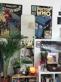 the doctor who poster is on the wall next to bookshelves and other items