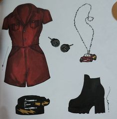 an image of clothes and accessories on a white sheet that is cut out to look like clothing