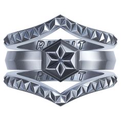 a silver ring with an emblem on the front and bottom, that says pilot trust