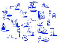 an image of various objects drawn in blue ink