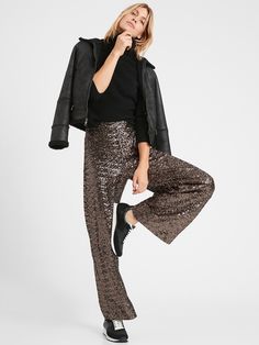 Wide Leg Sequin Pants Outfit, Sequin Pants Outfit, Gold Sequin Pants, Casual Leather Jacket Outfit, Sequin Pant, Holiday Pants, Holiday Party Outfits, Casual Leather Jacket, Black Turtleneck Sweater