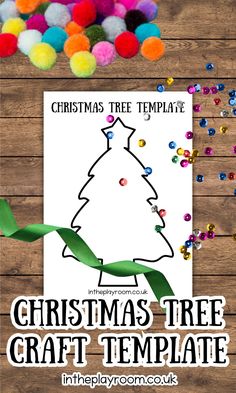 christmas tree craft template with pom poms on the side and text overlay