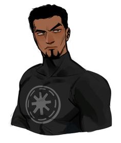 a drawing of a man with a star wars emblem on his chest and black hair