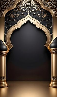 an ornate gold and black background with columns, arches and intricate patterns on the wall