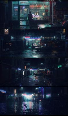 three different shots of a city street at night, with lights reflecting off the wet pavement