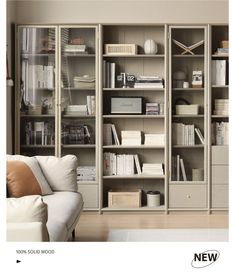 a living room filled with lots of furniture and bookshelves next to a white couch