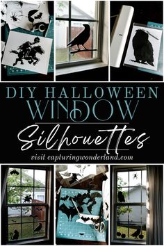 halloween window silhouettes with text overlay that reads diy halloween window silhouettes