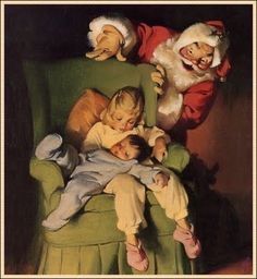 a painting of two children sitting in a chair with santa clause on the wall behind them