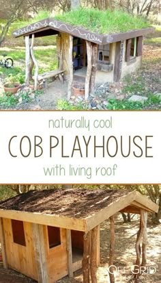 an outdoor coop with living roof made out of logs