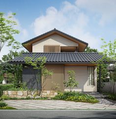 the house is made up of two stories and has a black roof with white tiles on it