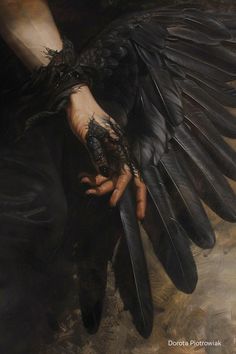 a painting of a person holding a black bird