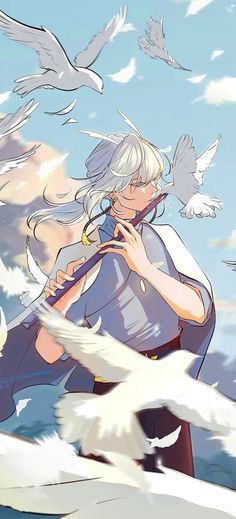 an anime character holding a flute in front of some white birds flying above her and looking at the camera