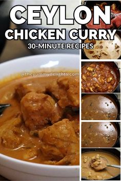 chicken curry in a white bowl with pictures of the ingredients and instructions to make it