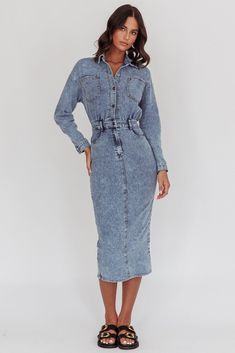 Light Inside Long Sleeve Midi Dress Denim Blue by Selfie Leslie Cowboy Chic, Brunch Dates, Midi Denim, Dress Denim, Weekend Brunch, Iron Material, Sleeve Midi Dress, Long Sleeve Midi, Jeans Jumpsuit