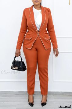 Olivia Mark - Womens Tangerine Work Blouse and Skirt Set with Sophisticated Patchwork Accents and Elegant Turn-Back Collar. Tailored Office Wear Set With Pockets, Elegant Solid Color Sets For Workwear, Long Sleeve Office Sets With Pockets, Fitted Office Lady Sets For Workwear, Solid Color Office Wear Sets, Elegant Tailored Sets With Pockets, Spring Office Lady Workwear Sets, Elegant Formal Sets With Pockets, Office Wear Sets With Pockets And Long Sleeves