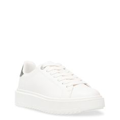 Sport an interesting look with these women's Steve Madden Chunky casual sneakers. Donning synthetic upper with lace-up front, these lace-up sneakers have padded collar and tongue, signature-detailed footbed, contrasting heel patch with patterns and supportive outsole with chunky platform. | Steve Madden Women's Catcher Platform Sneaker in White/Black Size 6 Medium White Textile Chunky Lace-up Sneakers, Lace-up Wedge Sneakers With White Sole, Casual Textile Lace-up Wedge Sneakers, Trendy Lace-up Wedge Sneakers With Rubber Sole, Trendy Lace-up Wedge Sneakers With White Sole, Trendy Synthetic Platform Sneakers With Studded Outsoles, Sporty Lace-up Wedge Sneakers With Contrast Sole, Synthetic Round Toe Wedge Sneakers With Laces, Synthetic Wedge Sneakers With Round Toe And Laces