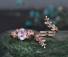 This ring is handmade by myself. The main stone is a 6x8mm oval natural Lavender Amethyst. The accent stones are round 1.5mm natural amethyst. The wedding band stones are lab alexandrites and moissanites. The band width is about 1.3-1.4mm. The material is solid gold(white,yellow,rose gold available) Ring size can be choose from the selection box. This jewelry can also be made in solid 10k,14k,18k gold,with real diamonds.Contact me! Need rush order? contact me! Need custom making order? Contact m Moss Rings, Engagement Ring Nature, Nature Engagement Ring, Amethyst Ring Engagement, Cute Engagement Rings, Agate Engagement Ring, Moss Agate Ring, Alexandrite Ring, Wedding Anniversary Rings