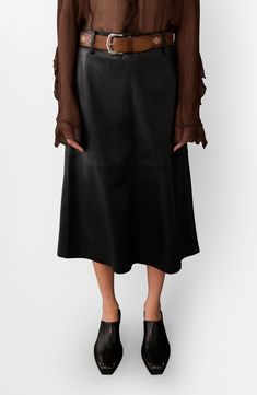 Constructed from paneled faux leather, this elevated midi skirt is shaped by a wide defining belt and a classic A-line silhouette. Hidden back-zip closure Removable belt Lined 100% polyester with 100% polyurethane coating Spot clean Imported Faux Leather Midi Skirt, Men's Shoes Accessories, Leather Midi Skirt, Walker Shoes, Holiday Pajamas, Platform Slippers, Denim Leggings, Skin Care Women, Comfortable Dress