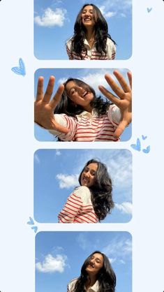 three different pictures of a woman making the vulcan sign