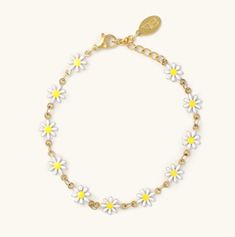 White Daisy Bracelet Dainty Golden Bracelet Stainless Steel with 14k gold plating Waterproof Great For Stacking or Wearing Alone 6" w/ a 2.5" Extender Nikki Smith Designs Daisy Anklet, White Yellow Flowers, Beauty Gift Card, Daisy Charm, Daisy Bracelet, Yellow Daisies, Dainty Bracelet, Acrylic Flowers, Dainty Bracelets