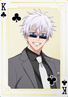 an anime character with white hair wearing sunglasses and a suit, in front of a playing card