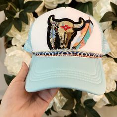 Hi! This Is A Custom Designed Trucker Hat By Me! Trendy Blue Trucker Hat For Vacation, White Flat Brim Baseball Cap For Rodeo, Casual Blue Hats For Rodeo, White Summer Hat For Rodeo, Blue Summer Hat One Size, Trendy Blue Hats For Festival, Trendy Blue Hat For Festival, White Flat Brim Hat For Festivals, Blue Summer Festival Hat