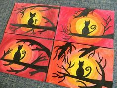 four paintings of cats sitting on branches with the sun setting in the back ground behind them