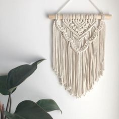 macrame wall hanging on the wall next to a potted plant with green leaves