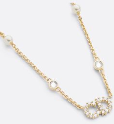 Clair D Lune Necklace Gold-Finish Metal, White Resin Pearls and White Crystals | DIOR Elegant Gold-tone Pearl Necklace With Adjustable Chain, Luxury Pearl Necklace With Delicate Chain, White Crystals, Metal Chain, Gold Finish, Metallica, The House, Cd, Dior