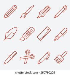 a set of thin line art and craft related icons, such as pencils, scissors, crayons, etc